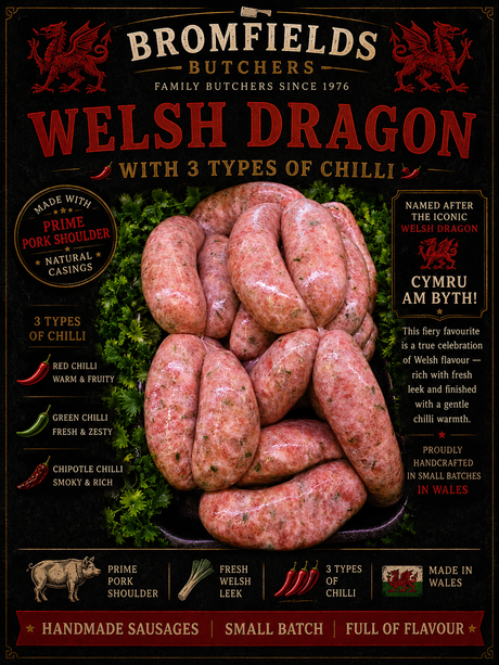 Y Ddraig Goch (The Welsh Dragon) Pork Sausage 6's - Bromfields Online Butchers UK