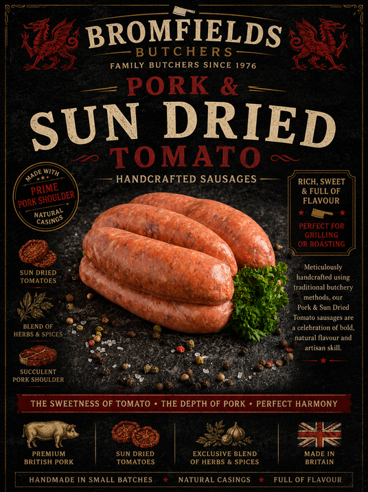Pork, Sun Dried Tomato & Basil Sausages 6's - Bromfields Online Butchers UK