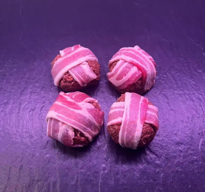 Pork Faggots Wrapped in Streaky Bacon, pork, butcher prepared, Bromfields Butchers