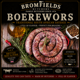 Bromfields Butchers Boerewors made with premium British beef and pork, blended with coriander, black pepper and traditional South African spices, hand-linked into a classic coil.