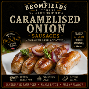 Bromfields Butchers Caramelised Onion Sausages made with premium British pork and sweet caramelised onions for a rich, savoury sausage full of flavour.