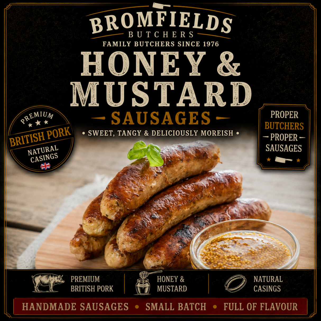 Bromfields Butchers Honey & Mustard Sausages made with premium British pork, sweet honey and mustard for a deliciously balanced sausage with a gentle kick