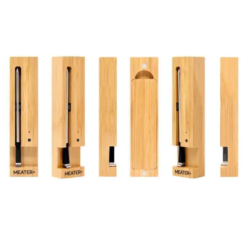 MEATER Plus Smart Thermometer in bamboo case, showcasing multiple angles and sleek design for modern cooking.