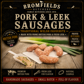 Bromfields Butchers Pork & Leek Sausages made with premium British pork and fresh leek, handcrafted in natural casings for a traditional Welsh favourite