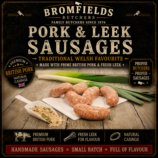Bromfields Butchers Pork & Leek Sausages made with premium British pork and fresh leek, handcrafted in natural casings for a traditional Welsh favourite