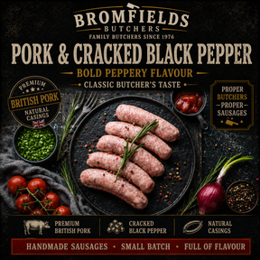 Bromfields Butchers Pork and Cracked Black Pepper Sausages made with premium British pork and natural casings.