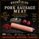 Bromfields Butchers Pork Sausage Meat made with premium British pork using a traditional butcher’s recipe, perfect for homemade sausages, stuffing, Scotch eggs and sausage rolls.